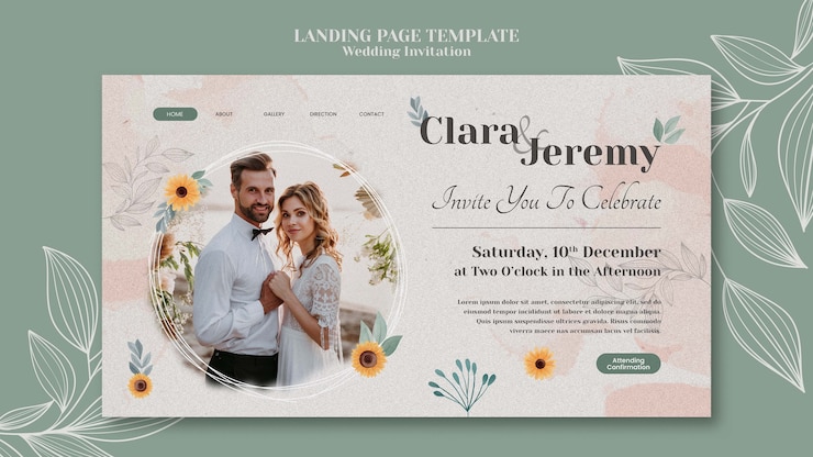 PSD modello di pagina di destinazione dell'invito a nozze con coppia e fiori