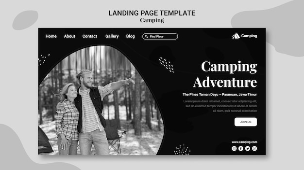 Modello di pagina di destinazione monocromatica per il campeggio con la coppia