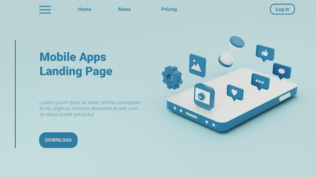 Modello di pagina di destinazione per app mobili con illustrazione 3D
