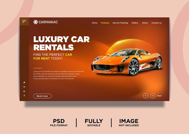 Modello di pagina di destinazione per il noleggio di auto di lusso di colore arancione