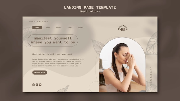 Modello di pagina di destinazione per la meditazione yoga con design a foglie