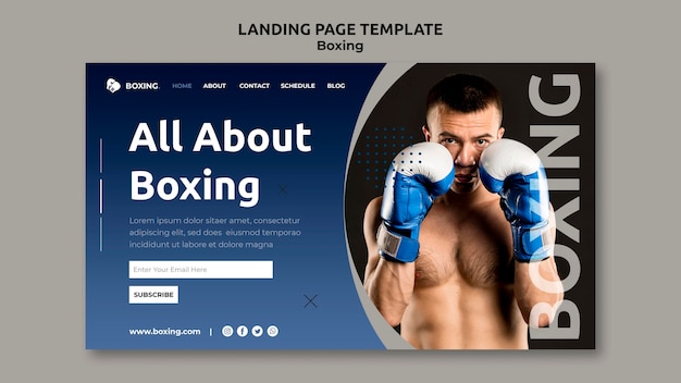 Modello di pagina di destinazione per lo sport di boxe con boxer maschio