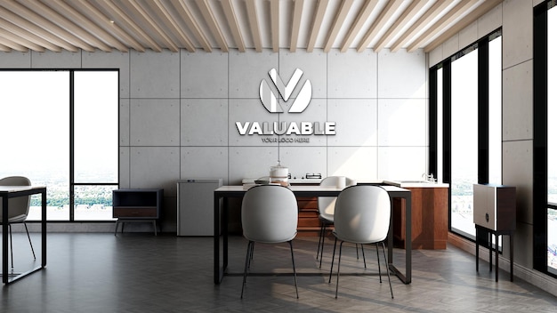 Modello di parete con logo 3d nella sala ristorante dell'ufficio o nell'area dispensa con interni di design industriale