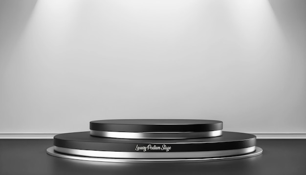 Modello di podio di presentazione del prodotto su supporto a piedistallo 3D metallico nero lucido su sfondo grigio chiaro