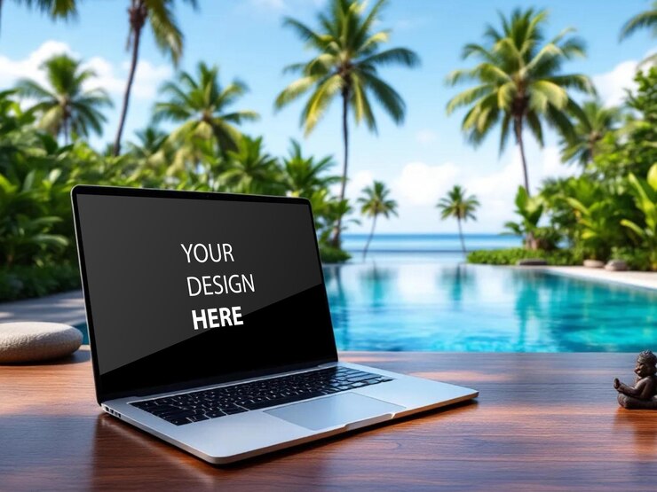 Modello di portatile Lavoro remoto vicino alla piscina
