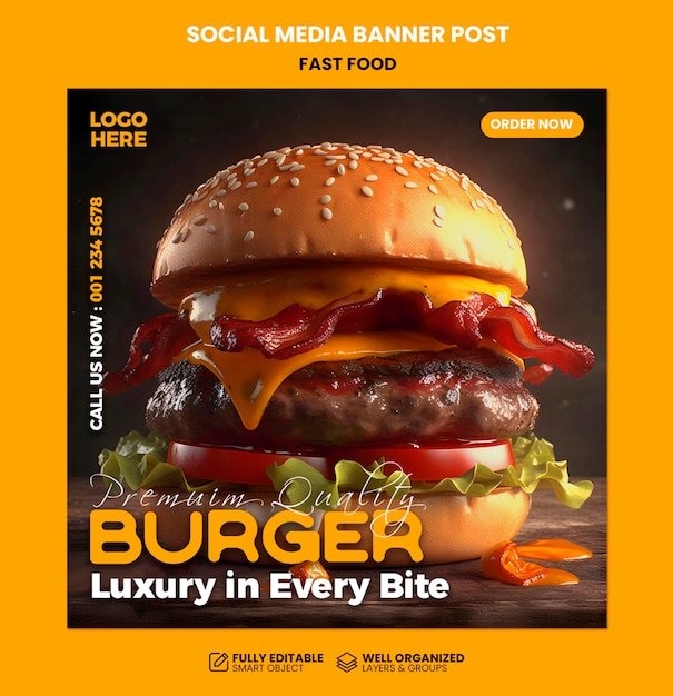 Modello di post banner per social media fast food PSD Modello di post banner per social media hamburger