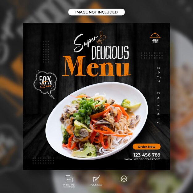 Modello di post banner sui social media per la promozione di menu di cibo e ristoranti