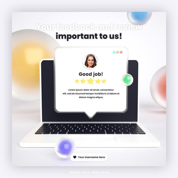 Modello di post di social media per social media con recensione di feedback dei clienti 3D o design di testimonianze con mockup