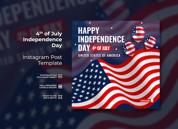 Modello di post instagram del giorno dell'indipendenza del 4 luglio