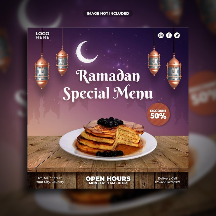 PSD modello di post sui social media del menu speciale ramadan
