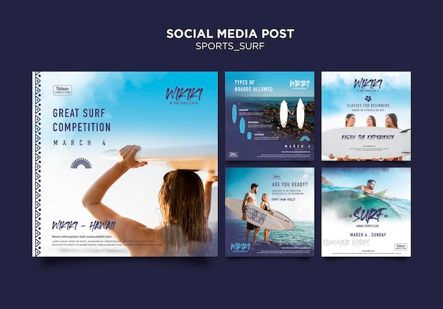 Modello di post sui social media delle lezioni di surf