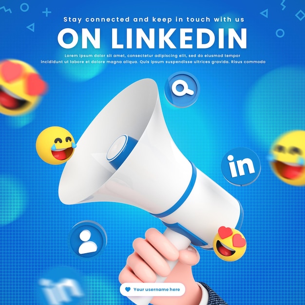 Modello di post sui social media di Linkedin con loghi di social network e icona intorno al megafono 3d