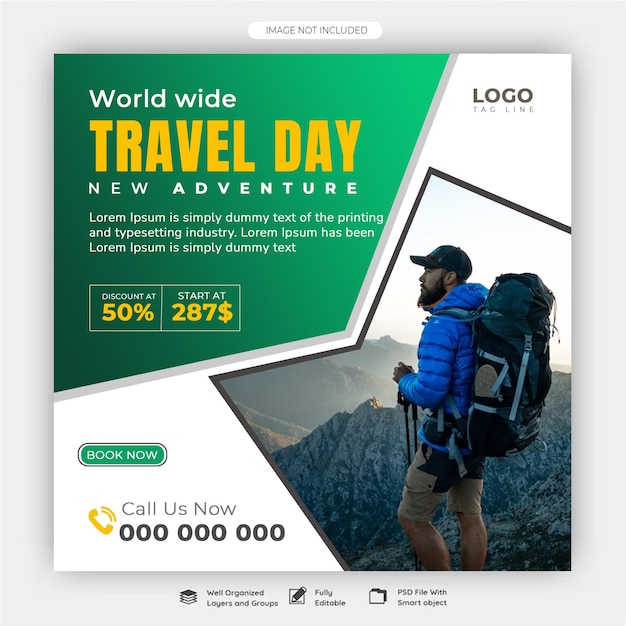 Modello di post sui social media di viaggio o su Instagram