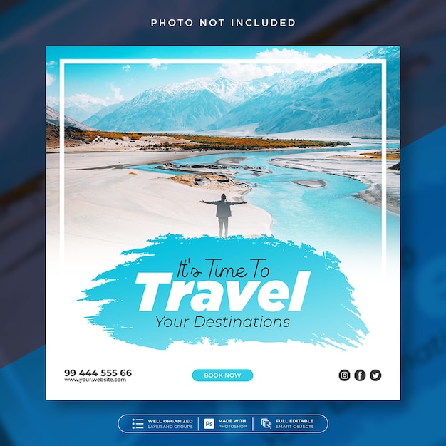 Modello di post sui social media o banner web per tour di viaggio