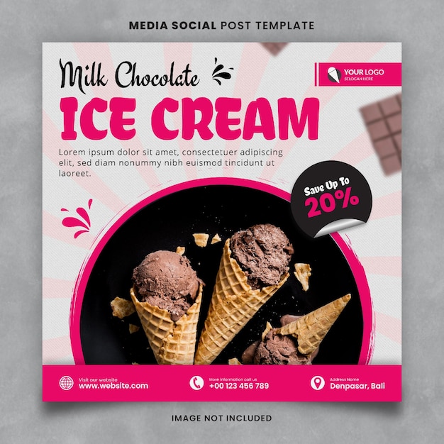 Modello di post sui social media per alimenti e ristoranti per gelato al cioccolato al latte
