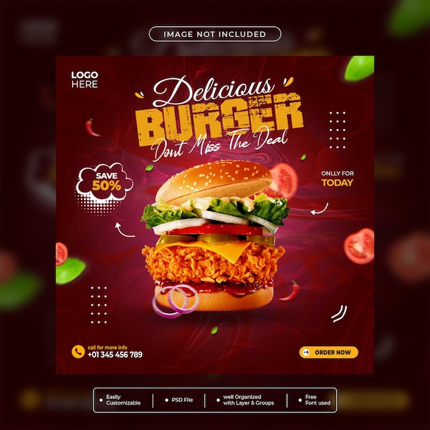 Modello di post sui social media per hamburger di cibo