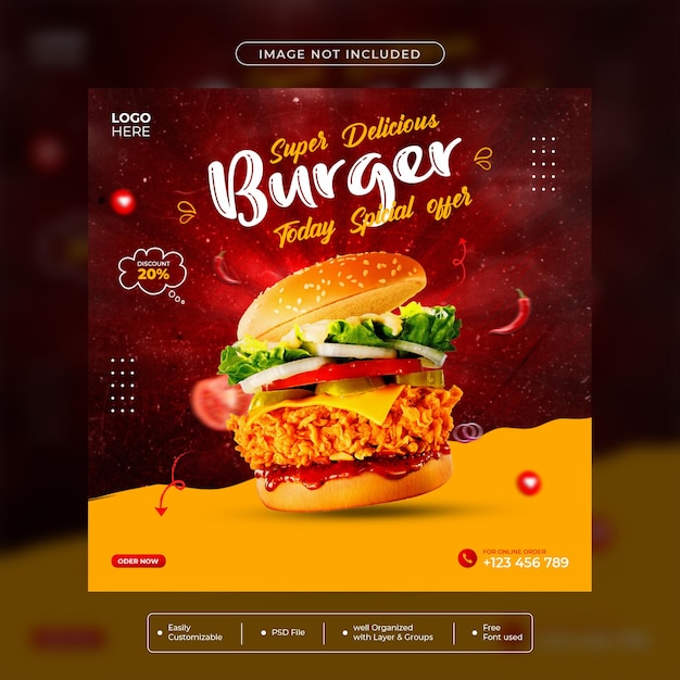 Modello di post sui social media per hamburger di cibo