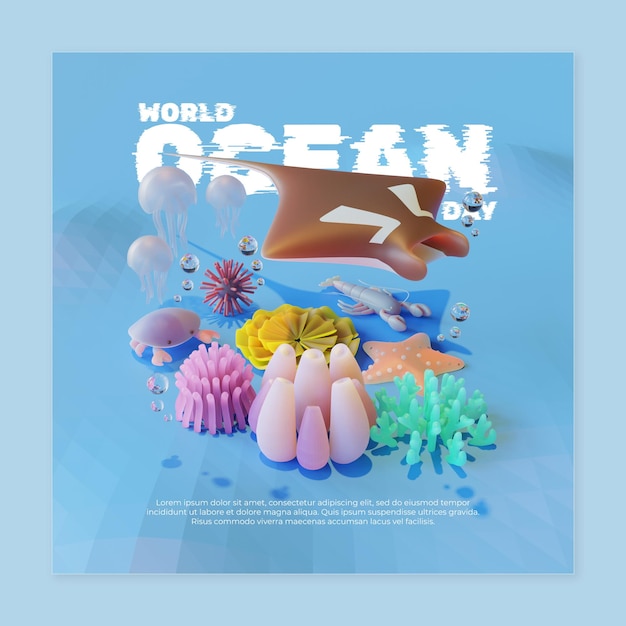 Modello di post sui social media per la Giornata mondiale dell'oceano con illustrazione di rendering 3D di Manta Ray