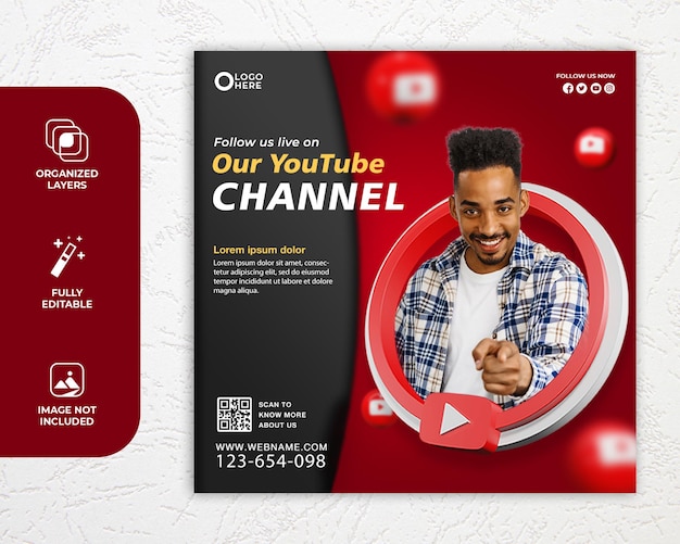 Modello di post sui social media per la promozione del canale YouTube PSD