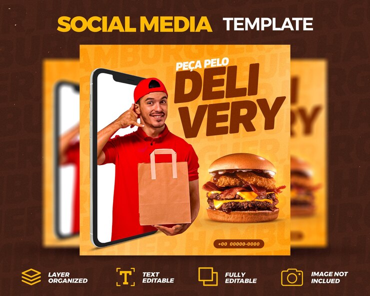 Modello di post sui social media per la promozione dell'uomo delle consegne di hamburger