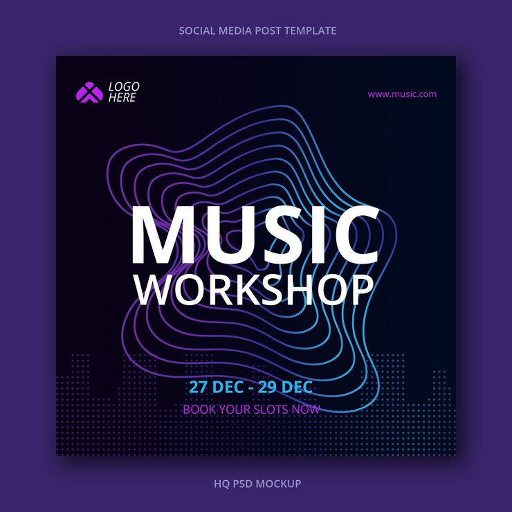 Modello di post sui social media per workshop di musica sfumata scura