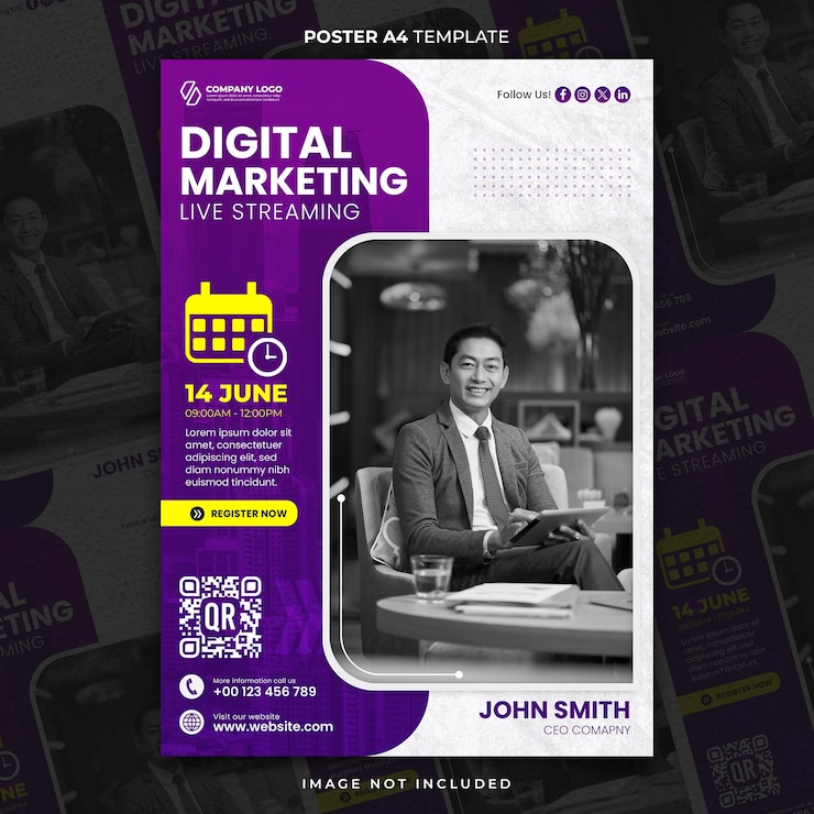 PSD modello di poster a4 o banner di live streaming di marketing digitale