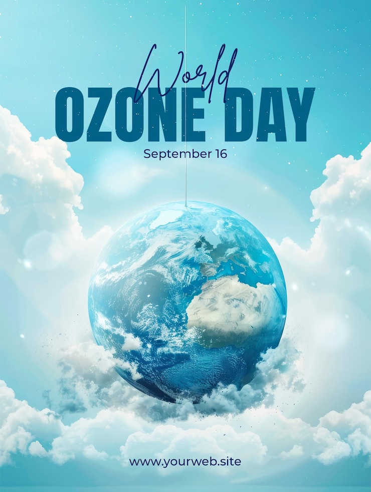PSD modello di poster della giornata mondiale dell'ozono con la terra e le nuvole sullo sfondo