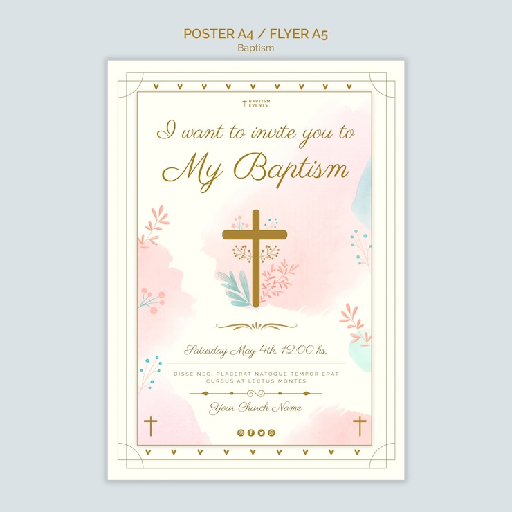 PSD modello di poster di battesimo di design ad acquerello
