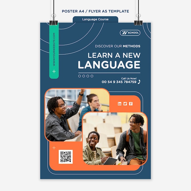 Modello di poster verticale del corso di lingua con linee geometriche