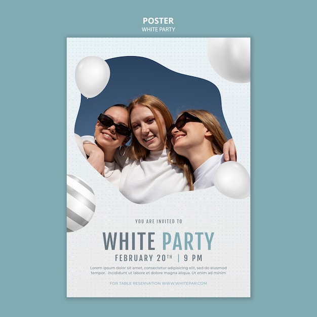 Modello di poster verticale per feste bianche con palloncini e sfere