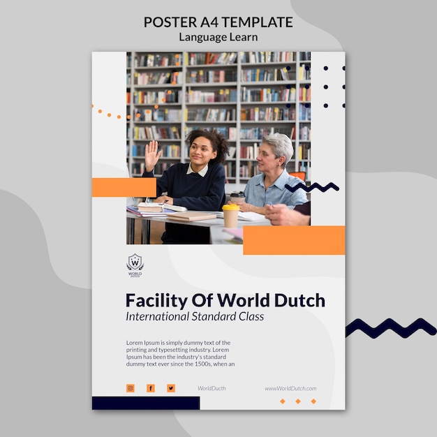 Modello di poster verticale per lezioni di apprendimento della lingua olandese con design a punti