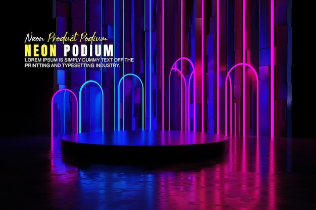 Modello di presentazione del prodotto con luce al neon sul podio della scena di scena del prodotto dispaly