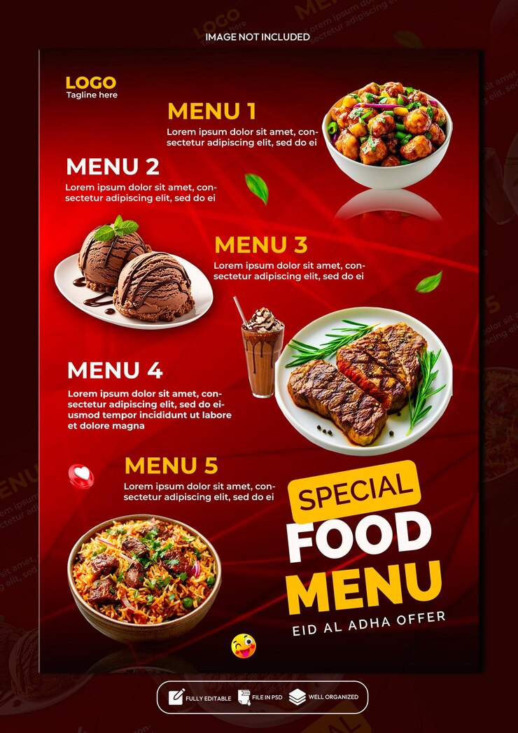 Modello di progettazione del poster del menu di cibo speciale per l'Eid al adha