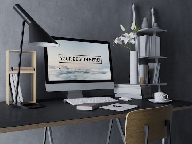 Modello di progettazione di Premium Desktop Computer Mockup con schermo modificabile in nero Modern Interior Workspace