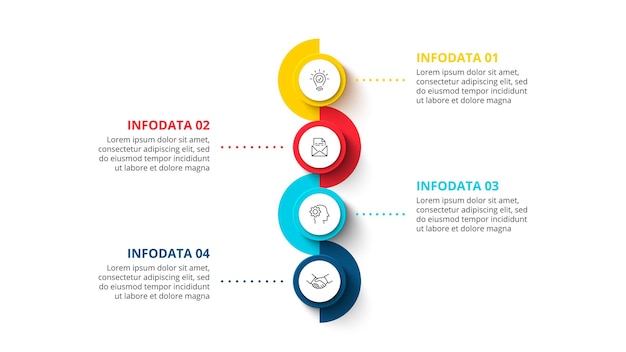 Modello di progettazione infografica Timeline verticale con 4 elementi circolari e una linea di punti sottili