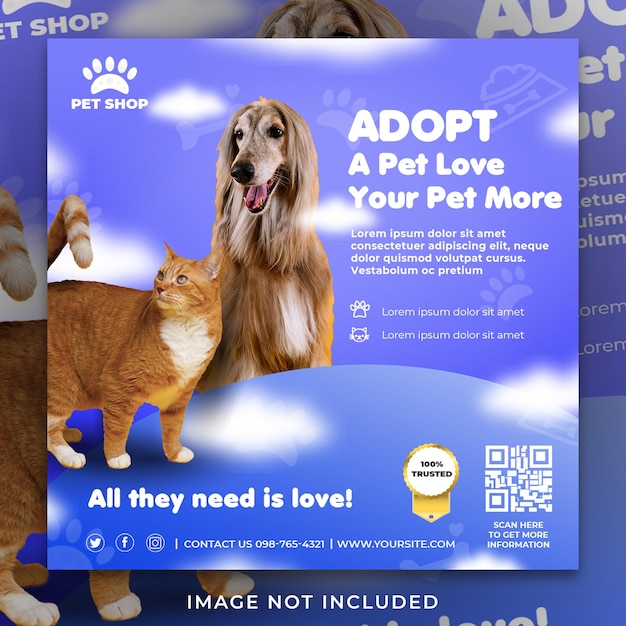 Modello di progettazione post banner instagram promozione sui social media per l'adozione di animali domestici