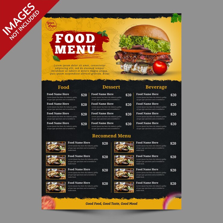 Modello di promozione del menu del cibo del ristorante scuro e giallo premium PSD