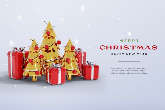 Modello di rendering 3d di Natale e Capodanno isolato con albero di Natale e confezione regalo