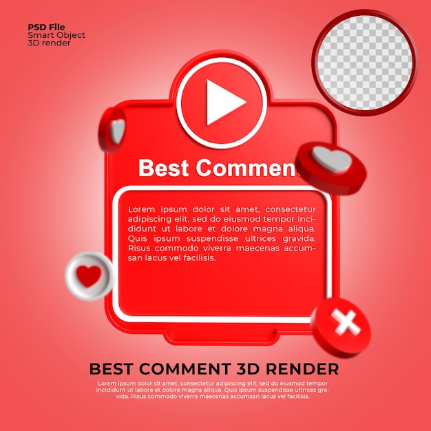 Modello di rendering 3D mockup di commenti su YouTube PSD