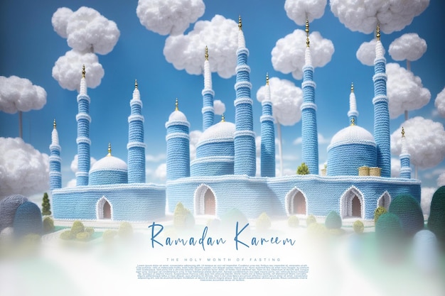 Modello di saluti di Ramadan Kareem con un cielo blu di sfondo della moschea ai generativo