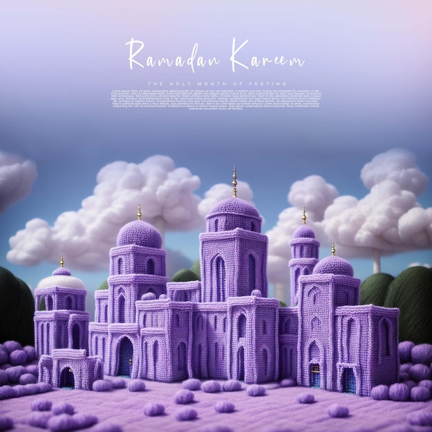 Modello di saluti di Ramadan Kareem con un cielo blu di sfondo della moschea ai generativo