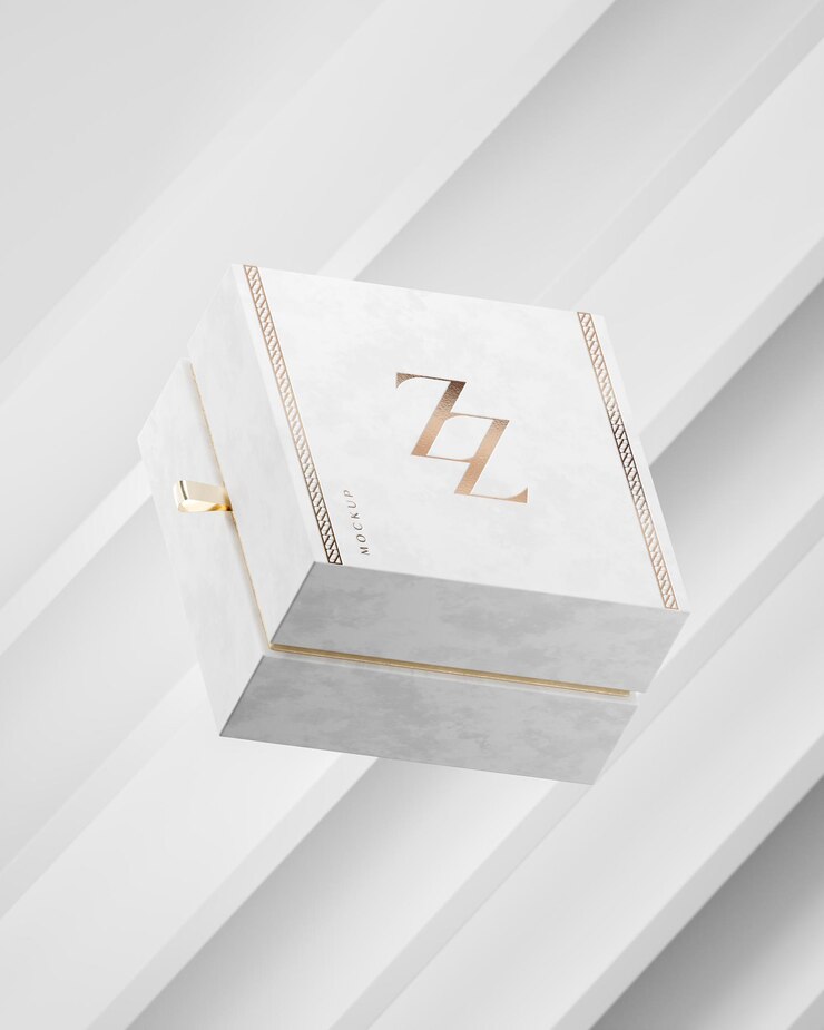 Modello di scatola regalo bianco e oro isolato per il rendering 3d dell'identità del marchio