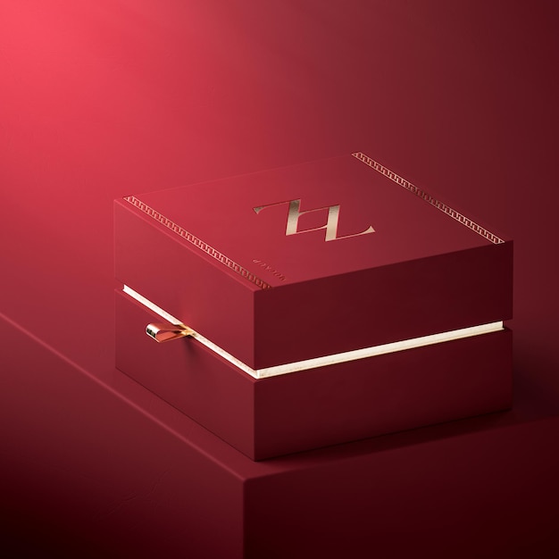 Modello di scatola regalo rosso e oro per il rendering 3d di sfondo rosso del marchio