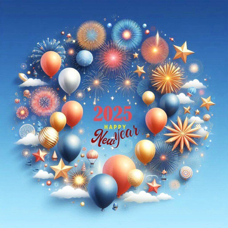 Modello di sfondo di buon anno con stelle e palloncini colorati