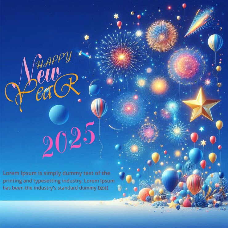 Modello di sfondo di buon anno con stelle e palloncini colorati