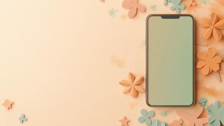 PSD modello di smartphone con fiori pastello su sfondo pesca