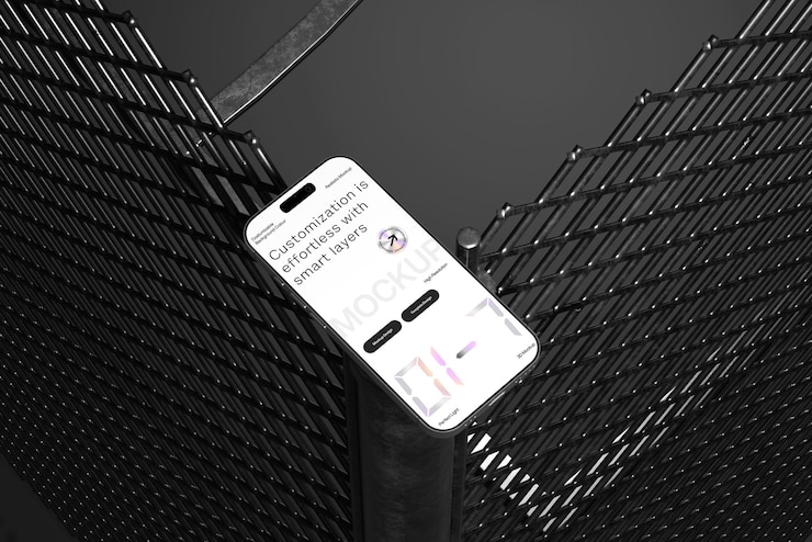 PSD modello di smartphone su sfondo di rete metallica