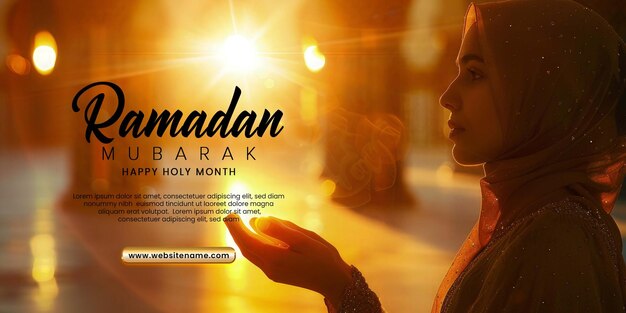 modello di social media di Ramadan Kareem con una giovane donna musulmana che prega con l'hijab dietro la moschea