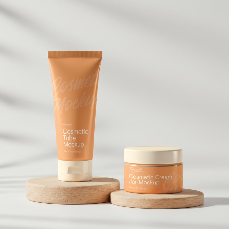 Modello di tubo cosmetico e barattolo di crema su piattaforme in legno