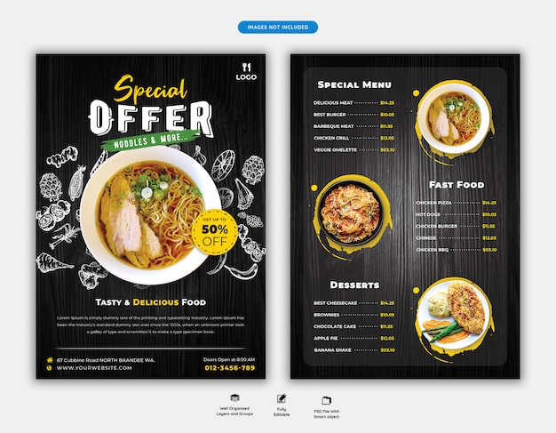 Modello di volantino di menu e ristorante di cibo